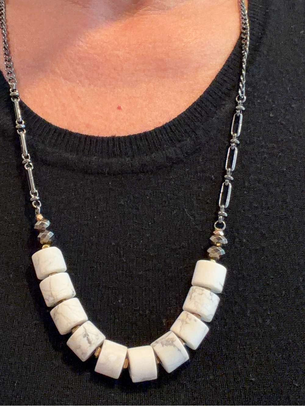White Howlite Bead Necklace with Silver-Tone Chain